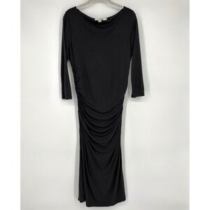 Boden Black Ruched Midi Dress Sz 8 Long Boat Neck 3/4‎ Sleeve Wool Blend